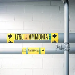 Ammonia adhesive pipe markers for identifying liquid/vapor lines at low pressure in industrial refrigeration systems. Each marker displays the IIAR abbreviation LTRS and fits pipe outer diameters from 3/4 to 2-3/8 inches. Pack of 4 markers without directional arrows.