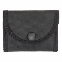 This black nylon duty equipment pouch measures 3 1/2 inches by 4 inches and features a snap closure for secure storage. Designed to carry gloves, it is suitable for use by security and tactical personnel requiring quick access to gloves while on duty.