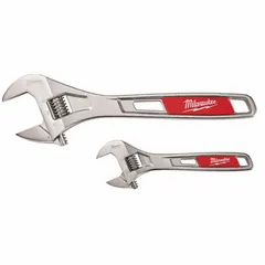 This adjustable wrench set from MILWAUKEE includes wrenches ranging from 6 to 10 inches, constructed from alloy steel with a chrome finish. The plain grip handles provide a secure hold during use. Suitable for general-purpose tightening and loosening of nuts and bolts in plumbing, mechanical repair, and maintenance tasks.