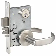 This classroom lever lockset features a satin chromium-plated finish and ADA-compliant lever operation. It is equipped with Large Format Interchangeable Core (LFIC) for quick rekeying. Suitable for commercial and institutional doors requiring secure lever access and flexible key control.