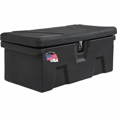 This single-lid utility chest truck box is constructed of black polyethylene for weather resistance. It measures 32 inches wide by 15 inches deep and features a hasp latch for securing contents. Suitable for storing tools and equipment in pickup trucks at job sites.