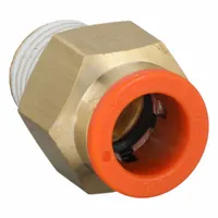 This brass adapter fitting connects 3/8 in OD polybutylene or brass tubing to a 1/4 in BSPT male threaded port. The push-to-connect end enables tool-free installation, while the BSPT thread provides a secure seal. Suitable for pneumatic systems and fluid handling applications