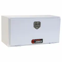 This single drop-down door box is constructed from white steel and features a keyed lock with a rotating T-handle latch. It is designed for underbody storage on vehicles, providing secure containment for tools and equipment