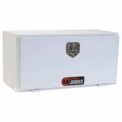 This single drop-down door box is constructed from white steel and features a keyed lock with a rotating T-handle latch. It is designed for underbody storage on vehicles, providing secure containment for tools and equipment.