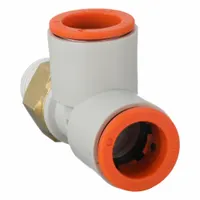 This SMC tube fitting is a push-fit tee with a 1/4 in pipe size and 1/2 in OD x 1/2 in OD x 1/4 in pipe configuration. Constructed from polybutylene and brass in white, it is used to create branch connections in pneumatic tubing systems for compressed air or non-corrosive fluids