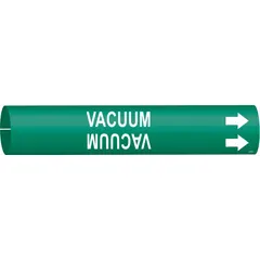 This snap-on pipe marker identifies vacuum lines in piping systems. It features a green background with white legend and directional arrows. Designed for pipe O.D. from 3/4 to 1-3/8 in, it provides clear identification for maintenance and safety in industrial facilities.