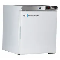 General purpose lab refrigerator with 1 cu ft capacity, temperature range 1°C to 10°C, and R-600a refrigerant. White swing solid door opens to the right. Includes temperature alarm. Overall depth 19 1/4 in. Suitable for storage of temperature-sensitive samples, reagents, and media in laboratory settings.