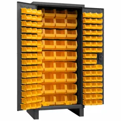 Standard bin cabinet with 132 yellow bins (96 bins 4 in x 5 in x 3 in) in a gray powder-coated steel cabinet. Shelf and bin style, 14 ga panel, fully assembled. Used for organizing small parts, tools, and components in industrial workshops, warehouses, and maintenance facilities.
