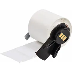 Vinyl, black-on-white precut label roll for wire identification. Measures 1 in x 1 1/2 in, suitable for wire gauges 10 AWG to 4 AWG. Requires M61-R6210 ribbon and is compatible with M611 printer series. Used for industrial wire marking and identification.