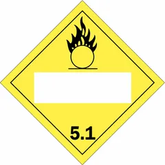 Class 5: Oxidizing Agents & Organic Peroxides placard. Measures 10 3/4 in x 10 3/4 in with a 5.1 message. Used for hazard communication on containers during transport and storage.