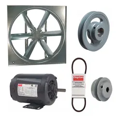 This unassembled belt-drive panel supply fan is designed for general ventilation and air supply in industrial and commercial facilities. It features a 24-inch blade delivering 7,069 cfm, powered by a 3/4 hp, 3-phase open dripproof motor rated at 208-230/460V AC. Suitable for moving large volumes of air in warehouses, factories, and workshops.