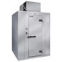 Self-contained compressor walk-in cooler with 503 cu ft capacity, 100 1/4 in height, ceiling-mounted evaporator, and includes floor. Uses R-454c refrigerant. Suitable for commercial cold storage of perishable goods in food service and industrial facilities where space is limited.