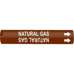This snap-on pipe marker identifies natural gas lines with a brown background and white legend. It fits pipe outer diameters from 3/4 to 1-3/8 inches and includes directional arrows to indicate flow. Suitable for industrial piping systems where clear labeling supports safety and maintenance.