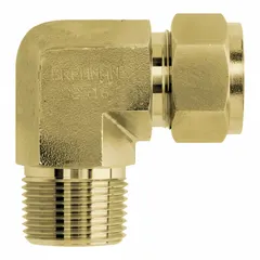 This brass compression fitting elbow connects 3/4 in OD tubing to a 3/4 in male NPT port. It features a double-ferrule design for leak-tight sealing in instrumentation, hydraulic, and pneumatic systems. Compatible with Parker A-LOK fittings.
