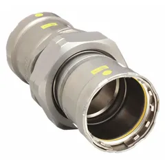 This gas steel press pipe fitting is a union with press-fit connections on both ends, sized 3/4 inch by 3/4 inch. It is constructed of steel and used for joining gas piping in commercial and industrial systems.