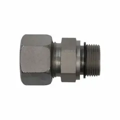 This flareless bite-type compression fitting adapter connects 8 mm OD tubing to a 1/2 in MBSPP threaded port. Made of stainless steel, it is suited for industrial fluid systems requiring leak-resistant connections, such as hydraulic, pneumatic, or instrumentation lines.