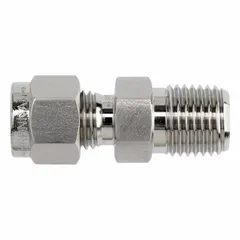 This clean and bagged single-ferrule stainless steel compression fitting from Series NS2404 connects 1/2 in OD tubing to a 1/8 in pipe port. Suitable for use in instrumentation, hydraulic, and pneumatic systems requiring leak-free, vibration-resistant connections.
