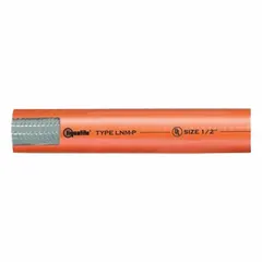 LIQUATITE LNMP Series continuous-flex liquid-tight plastic conduit for protecting wiring in industrial environments. Orange, 2-inch trade size, 25-foot nominal length. Resists moisture and corrosion in manufacturing plants, processing facilities, and outdoor installations.