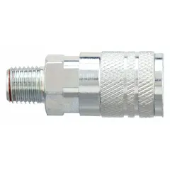 Steel quick-connect air coupling body with 1/4"-18 male MNPT threads and sleeve locking type. Designed for compressed air systems to connect pneumatic tools and hoses in manufacturing, automotive repair, and plant maintenance.