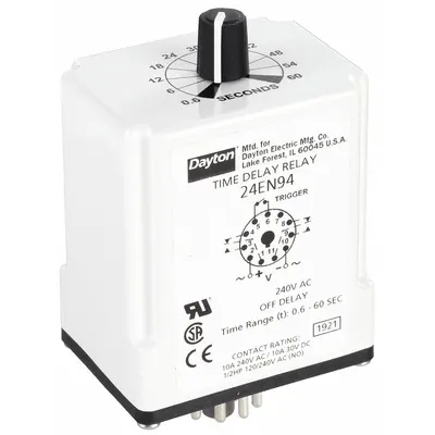 Dayton Single Function Time Delay Relay: Socket Mounted, 240V AC, 10 A, 11 Pins/Terminals - Socket-Mounted Relays