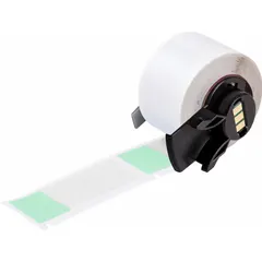 Green matte vinyl wraparound label measuring 2 1/2 in x 1 in, designed for permanent identification of wires from 6 AWG to 0 AWG. Compatible with BMP71 printer series; requires M61-R4310 ribbon. Used in electrical panels, machinery, and cable management for clear conductor marking.
