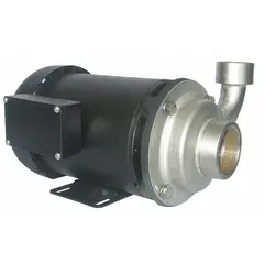 This centrifugal pump features a 304 stainless steel housing and impeller for chemical resistance. It is powered by a 2 hp, three-phase motor with a totally enclosed fan-cooled enclosure, operating at 208-230/460V AC. Suitable for transferring corrosive fluids in industrial processing, water treatment, and similar applications.