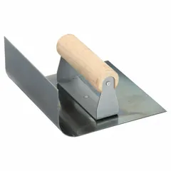This step tool features a blue steel blade measuring 6 inches in length and 3 inches in width, with a 4 1/2-inch wood handle. It is used for shaping and smoothing radius cove finishes in flooring, walls, or concrete work.