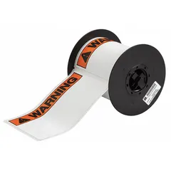 White polyester precut labels with Warning Header, available in 4 in x 6 1/4 in and 4 in x 4 in sizes. Acrylic adhesive. Compatible with BBP30 printer series. Used for industrial safety identification, such as marking hazardous areas or equipment requiring caution.