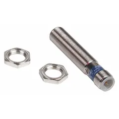 This shielded inductive proximity sensor features a built-in connector and 3-wire configuration. It operates on a 12-48V DC supply and is designed for non-contact detection of metallic objects in industrial automation, such as position sensing and part detection.