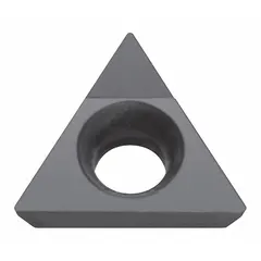 This KYOCERA triangle (T) indexable turning insert features a PCD (polycrystalline diamond) grade for high-speed finishing of non-ferrous materials such as aluminum alloys, composites, and plastics. It is suited for precision machining applications requiring superior surface finish and extended tool life.