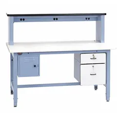 This adjustable-height workstation features a blue laminate top measuring 72 by 30 inches and supports an overall load capacity of 5,000 lb. It is suited for industrial assembly, maintenance, and testing tasks requiring integrated power and storage.