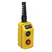 Push-button pendant with two maintained push buttons (On/Off), 1NO/1NC contact configuration. Thermoplastic NEMA 4 enclosure with dead-end hub. AC contact rating 0.75 A at 480 V, DC 0.2 A at 600 V. Used for remote control of industrial equipment such as cranes, hoists, and conveyors