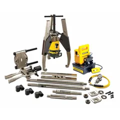 Jaw puller-type ram puller set with 25 ton capacity and 64 ton cylinder nominal capacity. Includes attachments and is powered by an electric pump. Used for removing press-fit components such as bearings, gears, and pulleys in industrial maintenance and repair.