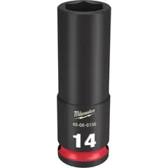 Metric 14 mm 6-point deep impact socket with 3/8" drive. Black phosphate finish. Friction retention holds fasteners securely. For use with impact wrenches on recessed hex fasteners in assembly and repair tasks.