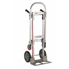 This MAGLINER convertible hand truck features a dual-handle design and a silver aluminum frame. It has a 500 lb capacity and tread-on-core wheels. Suitable for moving heavy loads in warehouses, delivery, and industrial settings.