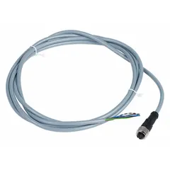 Single-ended cordset with gray PVC jacket for flexing applications. Features M12 female straight connector on one end and bare wire on the other. 5 pins, 18 AWG wire, 2 m cable length, 3 A max current. IP65 rated for protection against dust and water jets.