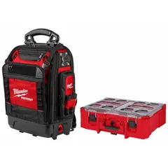 This red polyester tool backpack measures 18 inches wide, 9 1/2 inches deep, and 20 inches high. It includes a PACKOUT Deep Organizer for storing small parts and accessories. Designed for transporting and organizing tools on job sites, it integrates with the PACKOUT modular storage system for stacking and carrying gear.
