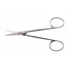 All-metal scissors with straight steel blades and a fine cutting edge. Silver finish. Overall length of 4 1/2 inches. Suitable for cutting man-made fibers and general lab work.
