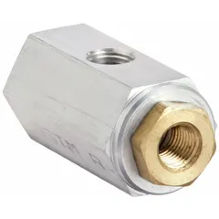 Aluminum discharge valve with 1/4 in inlet, outlet, and exhaust sizes. Used in air compressor systems to release compressed air from cylinders or receivers for pressure relief and system drainage.