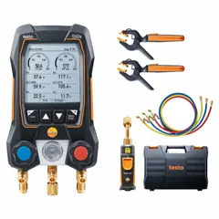 Digital wireless manifold gauge set for R-245FA refrigerant. Includes 2-way valve block, three hoses, gauge boots, and sight glass. Compatible with measureQuick and testo Smart for pressure and temperature measurement in low-pressure chiller applications.