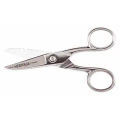All-metal scissors with serrated steel blade and fine cutting edge, silver finish. Overall length 5 1/4 inches. Suitable for cutting wire and other general cutting tasks in electrical and maintenance work.