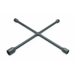 This 4-way cross lug wrench from KEN-TOOL features four SAE wrench head sizes: 13/16 in, 1 1/16 in, 1 1/4 in, and 1 1/2 in. The 6-point sockets provide a secure grip on standard lug nuts. Finished with electrostatic paint, it is suited for heavy-duty truck applications. No leverage bar hole is included.