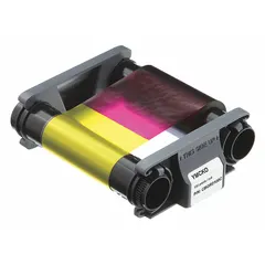 Full-color ribbon for ID card printers. Provides 100 prints per roll. Overall dimensions: 8 in height, 2 1/2 in width. Used for printing identification cards such as employee badges, student IDs, membership cards, and visitor passes.