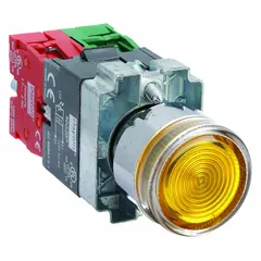 This momentary-action illuminated push button features an extended metallic profile for clear visual status indication. With a 22 mm mounting size, 1NO/1NC contact configuration, and pressure plate terminals, it is suited for industrial control panels and machinery requiring reliable operator input.