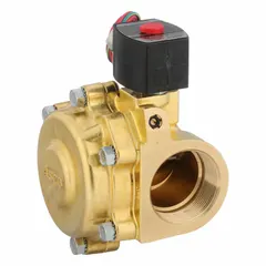 2-way, 2-position normally closed solenoid valve with 2 in pipe size and 24V DC operation. Features a watertight coil enclosure and explosion-proof construction for use in hazardous or wet environments. Suitable for on/off control of liquids or gases in industrial piping systems.