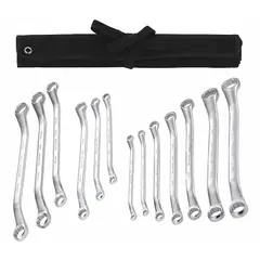 This 13-tool set includes double-end box end wrenches in both SAE and Metric sizes. Each wrench features a 12-point box end with a 40° head offset angle for improved access in confined spaces. The satin finish provides a non-glare surface. A canvas pouch is included for storage and organization.