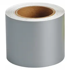 Gray vinyl banding tape for industrial pipe identification and color-coding. Non-reflective, 4-inch width, 90-foot roll length (1,080 inches total). Wraps around pipes to mark contents or hazard levels.