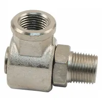Carbon steel hose reel swivel with 1/2 in FNPT inlet and 1/2 in MNPT outlet. Designed for REELCRAFT 30000/80000 series hose reels. Features FKM seal material and maximum operating pressure of 1,000 psi. Used to connect stationary inlet to rotating reel outlet, allowing continuous fluid flow during hose winding or unwinding