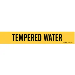Yellow adhesive pipe marker with black legend reading 'Tempered Water' for pipes with outer diameter 2-1/2 to 7-7/8 inches. Supplied without directional arrows. Used to identify piping systems in industrial, commercial, and facility applications.