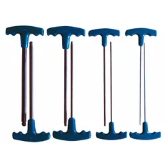 This T-shaped hex key set includes 8 metric keys with a single ball end and long length. The black oxide finish provides corrosion resistance. Used for tightening or loosening hex socket screws and bolts in maintenance, assembly, and repair tasks.